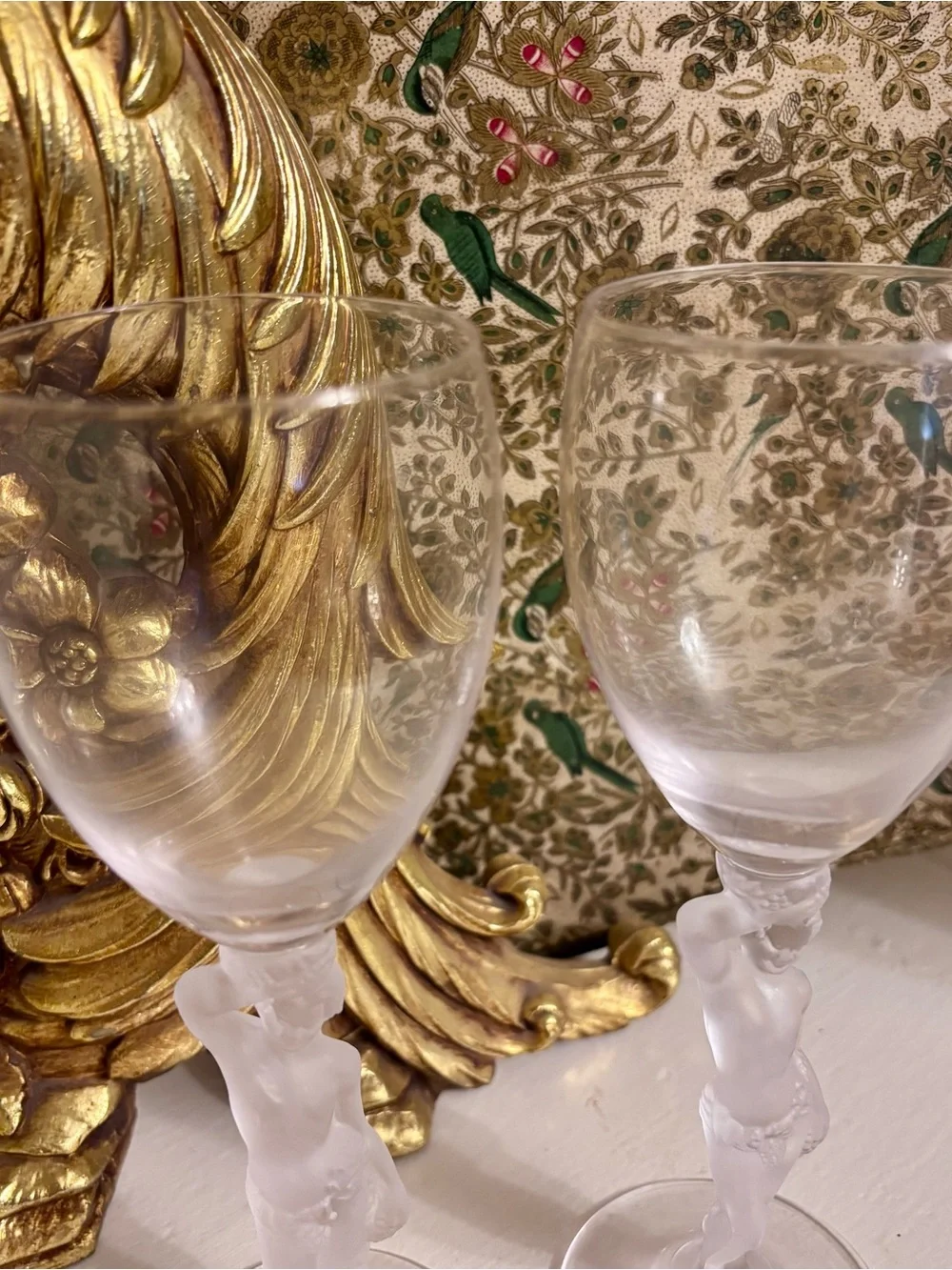 Vintage Bayel French Crystal Wine Glasses Frosted Nude Bacchus Bacchante Set 2